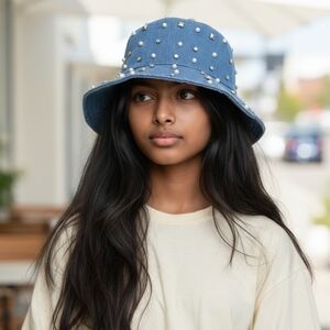 Cato Womand Denim Hat with Pearls and Studs